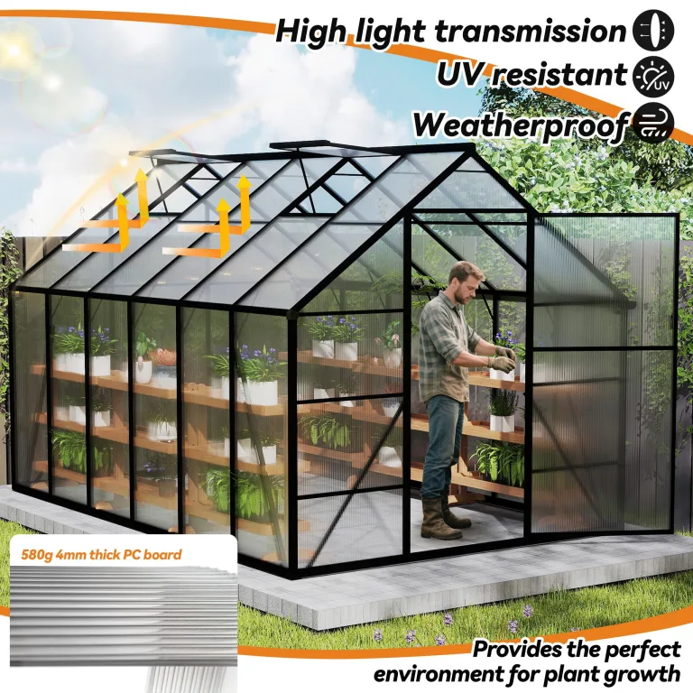 Gewächshaus mit Fundament 310x250x205 cm Tomatenhaus Treibhaus Gartengewächshaus Aluminium mit Schiebetür und Dachfenster - Stabil, Winterfest, UV-beständig – Bild 6