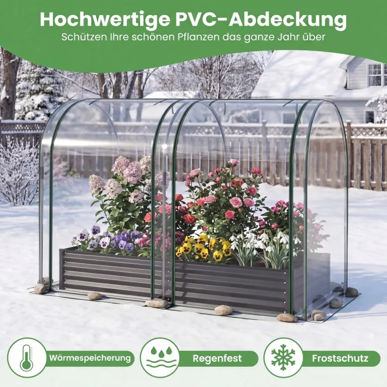 COSTWAY 3 in 1 Hochbeet Metall mit Gewächshaus, Foliengewächshaus mit PVC-Abdeckung & 2 Fenstern, Frühbeet für Kräuter, Blumen & Gemüse, Blumenbeet für Balkon, Garten, 180x100x145 cm (Schwarz) – Bild 3