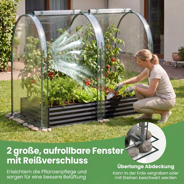 COSTWAY 3 in 1 Hochbeet Metall mit Gewächshaus, Foliengewächshaus mit PVC-Abdeckung & 2 Fenstern, Frühbeet für Kräuter, Blumen & Gemüse, Blumenbeet für Balkon, Garten, 180x100x145 cm (Schwarz) – Bild 7