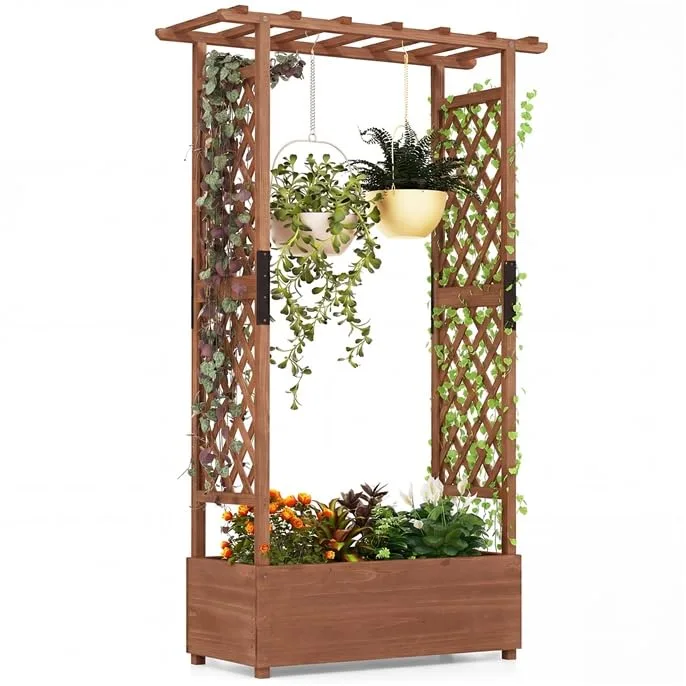 GOPLUS Blumenkasten mit Rankgitter & hängendem Dach, Pflanzkasten Holz mit Rankhilfe, Hochbeet für Kletterpflanzen & hängende Körbe, Pflanzkübel für Garten, Hof & Balkon (200 x 44 x 114 cm,Braun) - Bild 1