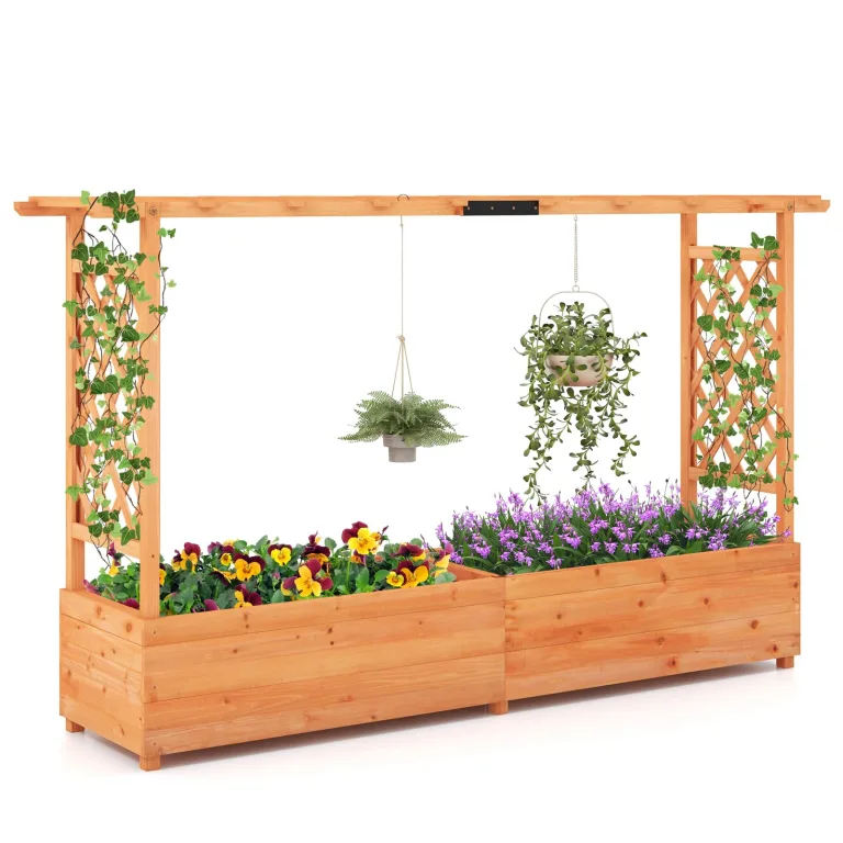 GOPLUS Blumenkasten mit Rankgitter & hängendem Dach, Pflanzkasten Holz mit Rankhilfe, Hochbeet für Kletterpflanzen & hängende Körbe, Pflanzkübel für Garten, Hof & Balkon (200 x 44 x 114 cm,Braun) – Bild 2