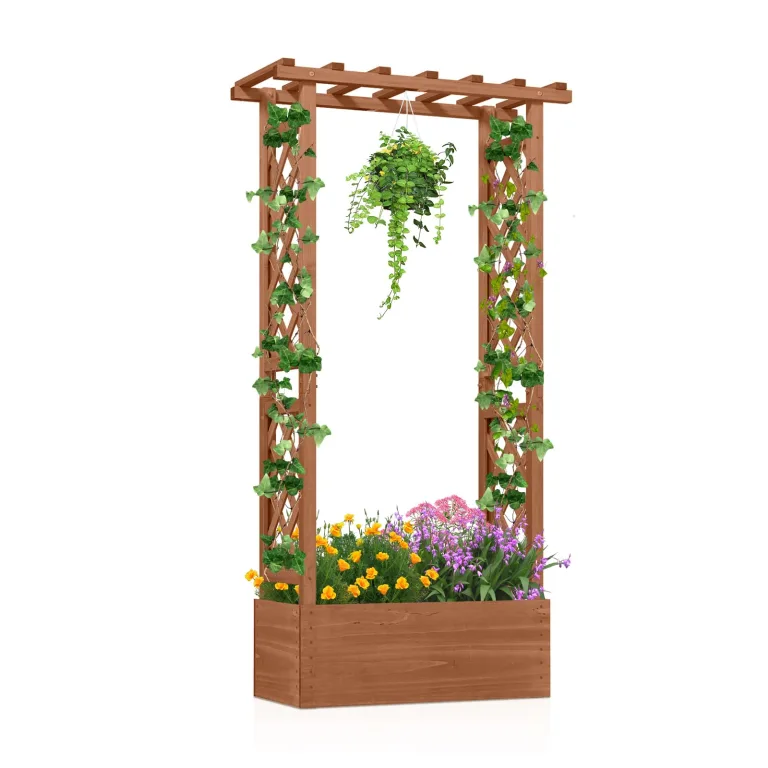 GOPLUS Blumenkasten mit Rankgitter & hängendem Dach, Pflanzkasten Holz mit Rankhilfe, Hochbeet für Kletterpflanzen & hängende Körbe, Pflanzkübel für Garten, Hof & Balkon (200 x 44 x 114 cm,Braun) – Bild 3