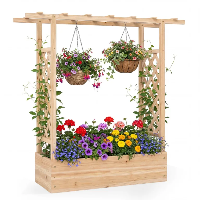 GOPLUS Blumenkasten mit Rankgitter & hängendem Dach, Pflanzkasten Holz mit Rankhilfe, Hochbeet für Kletterpflanzen & hängende Körbe, Pflanzkübel für Garten, Hof & Balkon (200 x 44 x 114 cm,Braun) – Bild 7