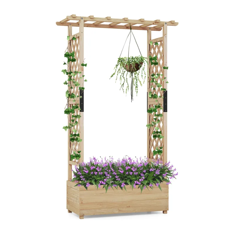 GOPLUS Blumenkasten mit Rankgitter & hängendem Dach, Pflanzkasten Holz mit Rankhilfe, Hochbeet für Kletterpflanzen & hängende Körbe, Pflanzkübel für Garten, Hof & Balkon (200 x 44 x 114 cm,Braun) – Bild 9