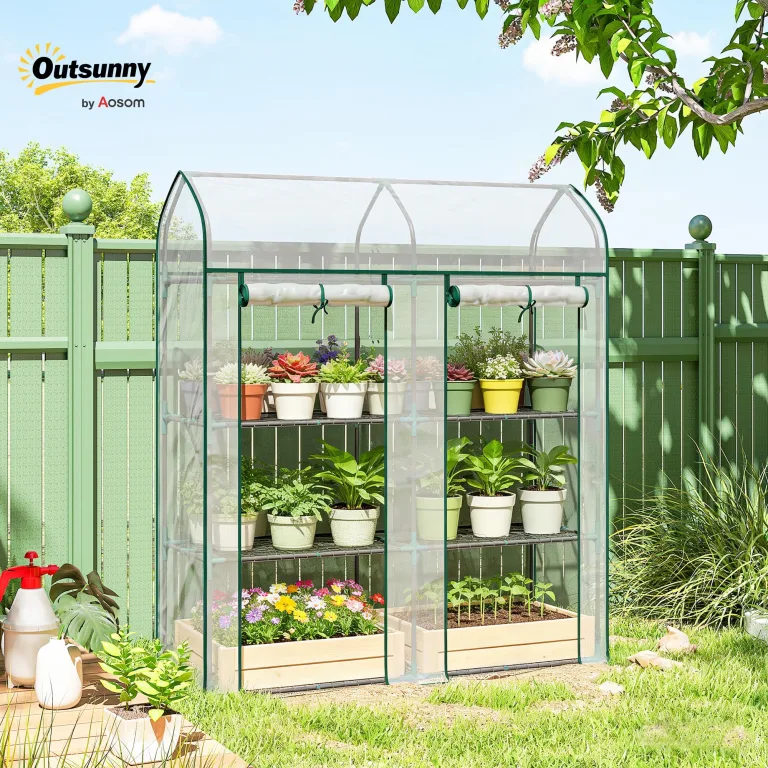 Outsunny Garten-Gewächshaus mit Regalen, 3 Ebenen, Spitzdach, kleines Balkongewächshaus aus PVC-Plane und Stahlrahmen, 2 Rolltüren, für Gemüse, Pflanzen, Blumen, 143 x 46 x 165 cm, transparent – Bild 2