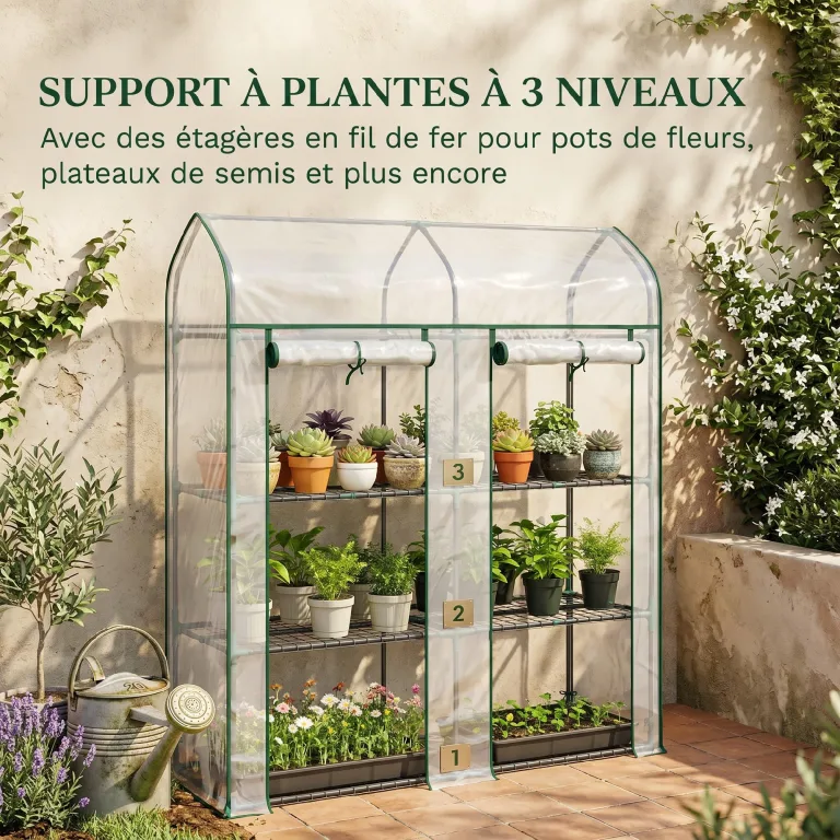 Outsunny Garten-Gewächshaus mit Regalen, 3 Ebenen, Spitzdach, kleines Balkongewächshaus aus PVC-Plane und Stahlrahmen, 2 Rolltüren, für Gemüse, Pflanzen, Blumen, 143 x 46 x 165 cm, transparent – Bild 3