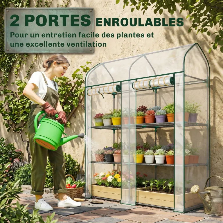 Outsunny Garten-Gewächshaus mit Regalen, 3 Ebenen, Spitzdach, kleines Balkongewächshaus aus PVC-Plane und Stahlrahmen, 2 Rolltüren, für Gemüse, Pflanzen, Blumen, 143 x 46 x 165 cm, transparent – Bild 4