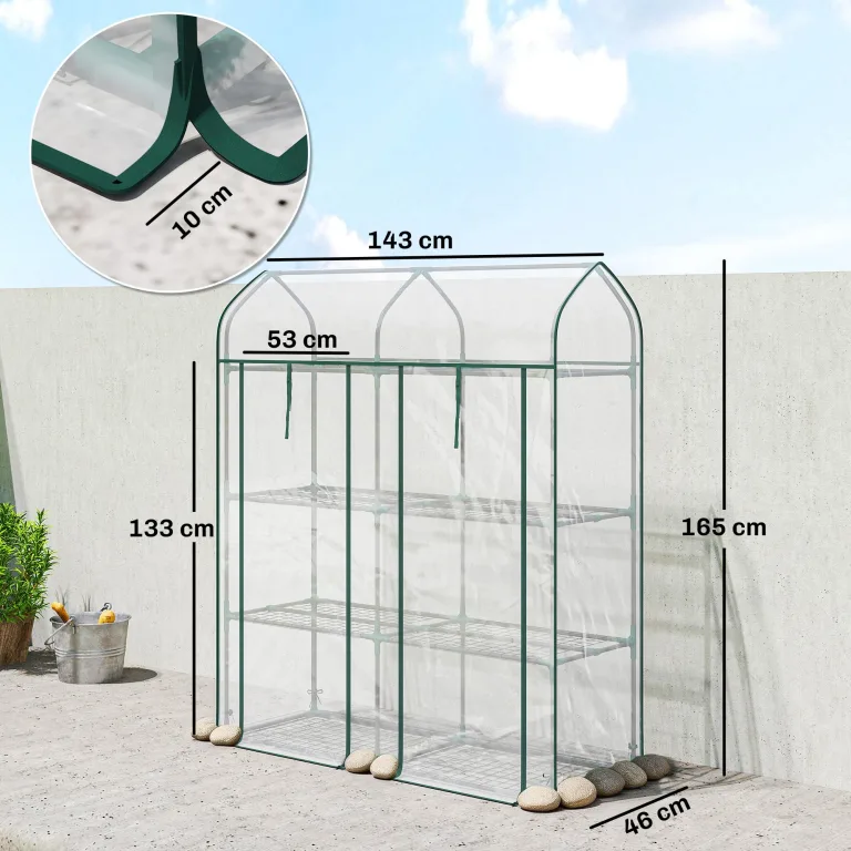 Outsunny Garten-Gewächshaus mit Regalen, 3 Ebenen, Spitzdach, kleines Balkongewächshaus aus PVC-Plane und Stahlrahmen, 2 Rolltüren, für Gemüse, Pflanzen, Blumen, 143 x 46 x 165 cm, transparent – Bild 7