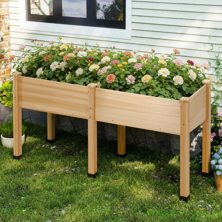 LUXOAK 122x61x77 cm Hochbeet aus Tannenholz mit Beinen, erhöhter Pflanzkasten mit Pflanzvlies, Trennwand und Drainagelöchern, 110 l Fassungsvermögen, für Garten und Terrasse, helles Holz – Bild 9