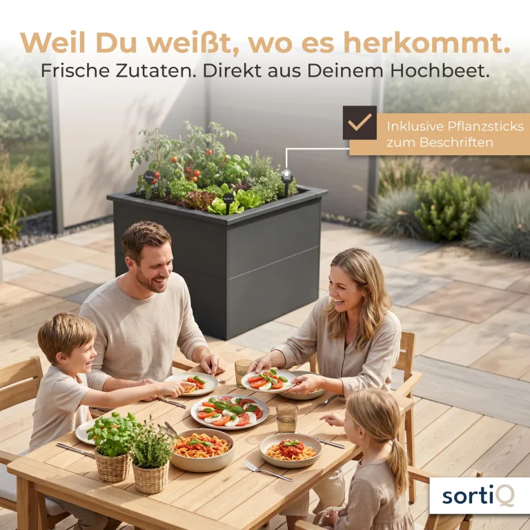 Hochbeet-Set|90x90x80cm|Metall-Hochbeet mit Einlegeboden|Pulverbeschichteter, verzinkter Stahl|Mit Schneckenbarriere und Wühlmausgitter|Inkl. 10 Pflanzsticks – Bild 7