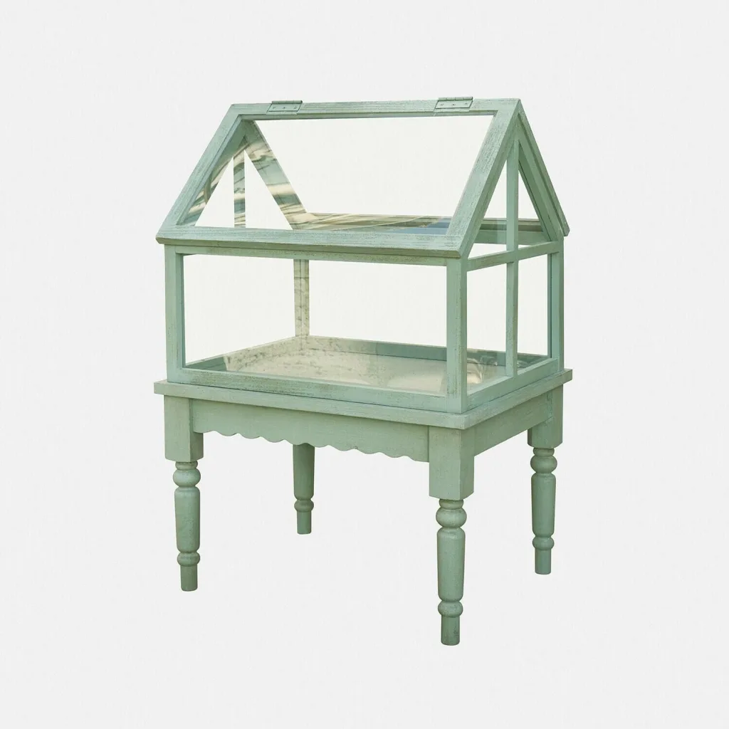 Loberon Gewächshaus Isoméline - Stilvoller Landhauscharakter - Kleine Pflanzenoase - Gedrechselte Beine - Outdoorgeeignet - Tannenholz - Acrylglas, antikgrün