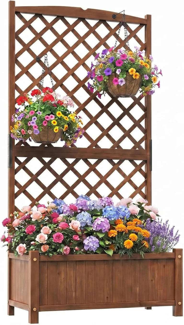 GOPLUS Blumenkasten mit Rankgitter, Hochbeet mit Spalier, Pflanzkasten Holz mit Abflussloch, Pflanzkübel mit Sichtschutz, Gartenbeet für Kletterpflanzen, für Garten & Balkon, 90x45x180,5 cm (Braun) – Bild 1