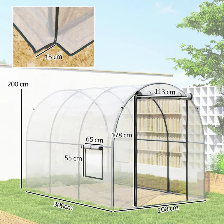 Outsunny Garten-Gewächshaus, Tunnel, verstärktes Rohrgestell, Bodenfläche 6 m², Tür mit Reißverschluss, 2 aufrollbare Fenster, Tomatengewächshaus, 3 x 2 x 2 m, transparent – Bild 7