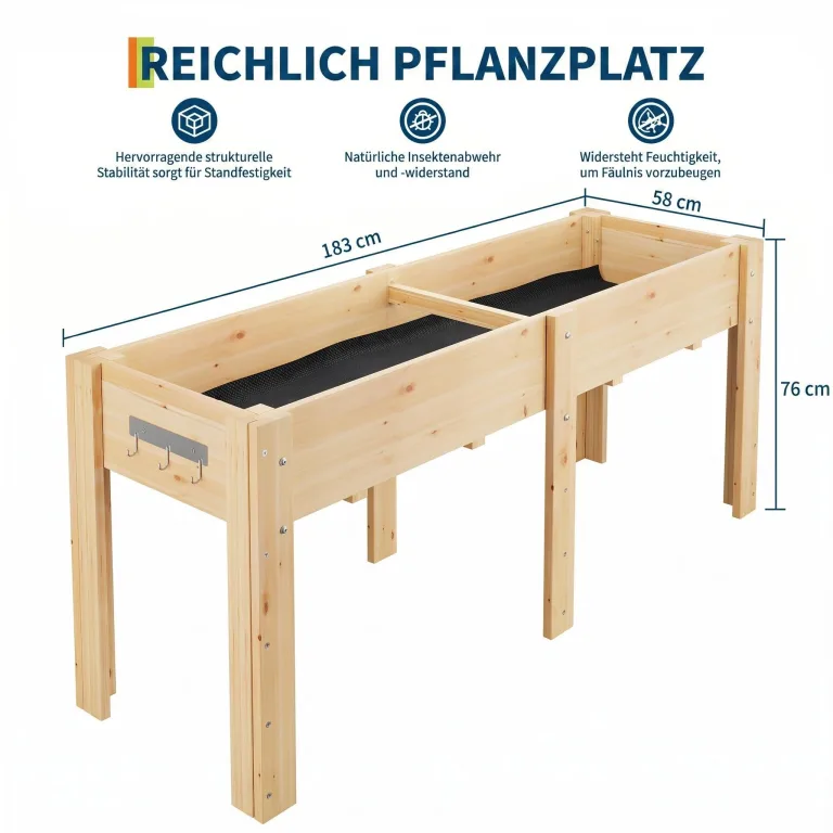 Garvee Hochbeet Holz, Blumenbett, Kräuterbeet, Frühbeet, mit Pflanzfolie, Abflusslöchern und seitlichen Haken, erhöhter Pflanzkasten-Ständer, für Garten, Terrasse, Balkon, Naturfarbe, 183×58×76 cm – Bild 2