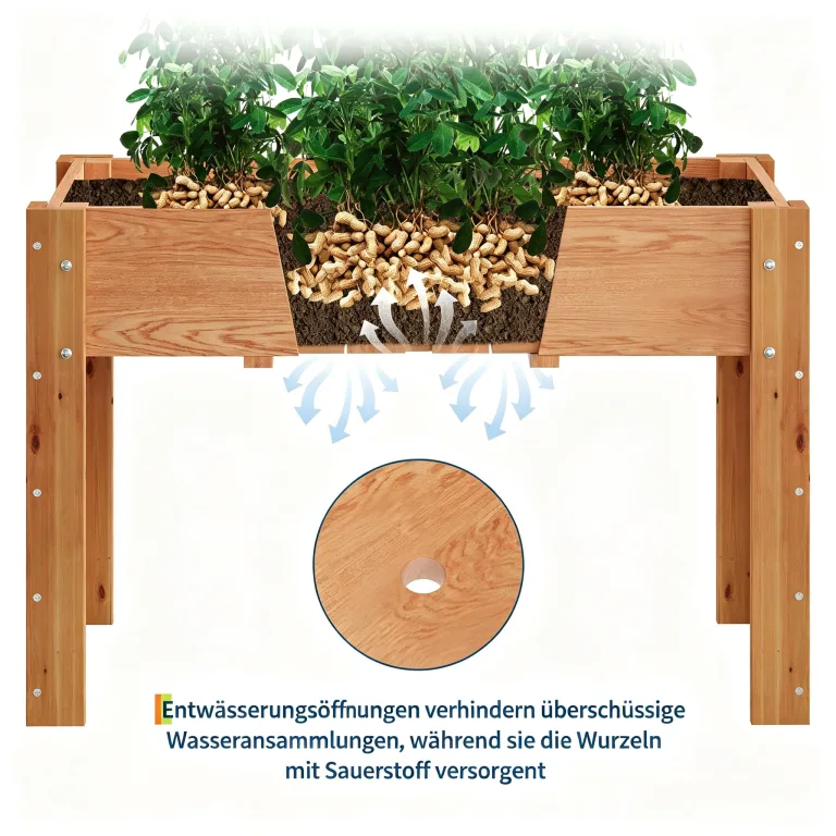 Garvee Hochbeet Holz, Blumenbett, Kräuterbeet, Frühbeet, mit Pflanzfolie, Abflusslöchern und seitlichen Haken, erhöhter Pflanzkasten-Ständer, für Garten, Terrasse, Balkon, Eiche, 86×46×76 cm – Bild 6