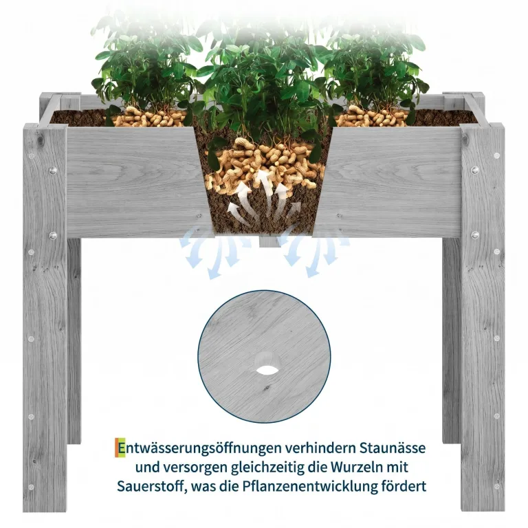 Garvee Hochbeet Holz, Blumenbett, Kräuterbeet, Frühbeet, mit Pflanzfolie, Abflusslöchern und seitlichen Haken, erhöhter Pflanzkasten-Ständer, für Garten, Terrasse, Balkon, Grau, 122×61×76 cm – Bild 7