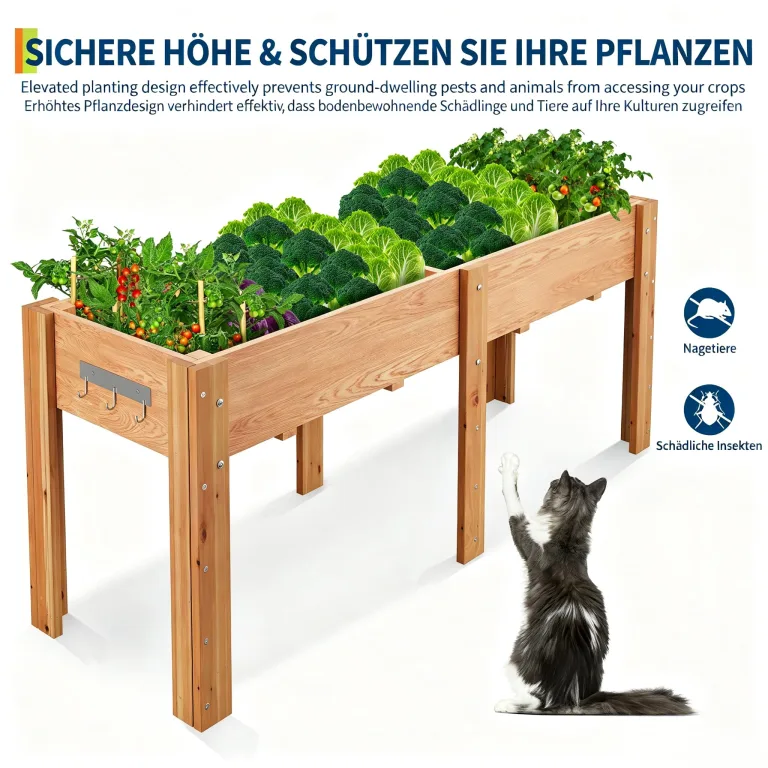 Garvee Hochbeet Holz, Blumenbett, Kräuterbeet, Frühbeet, mit Pflanzfolie, Abflusslöchern und seitlichen Haken, erhöhter Pflanzkasten-Ständer, für Garten, Terrasse, Balkon, Eiche, 183×58×76 cm – Bild 5