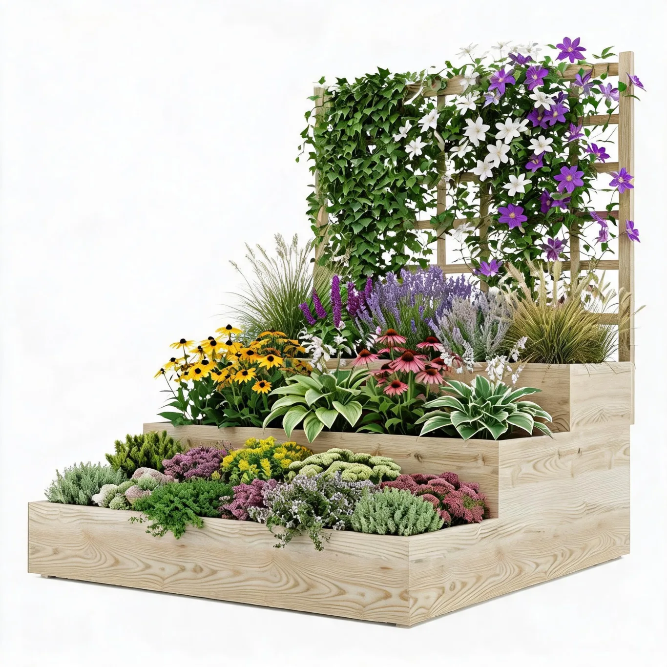 Garvee 3-stöckiges Hochbeet, vertikaler Holz-Pflanzkasten mit Rankgitter und offenem Boden, für Kletterpflanzen, Blumen, Kräuter, Gemüse und Obst, Outdoor-Pflanzbox für Terrasse, Hof und Rasen, Natur - Bild 1