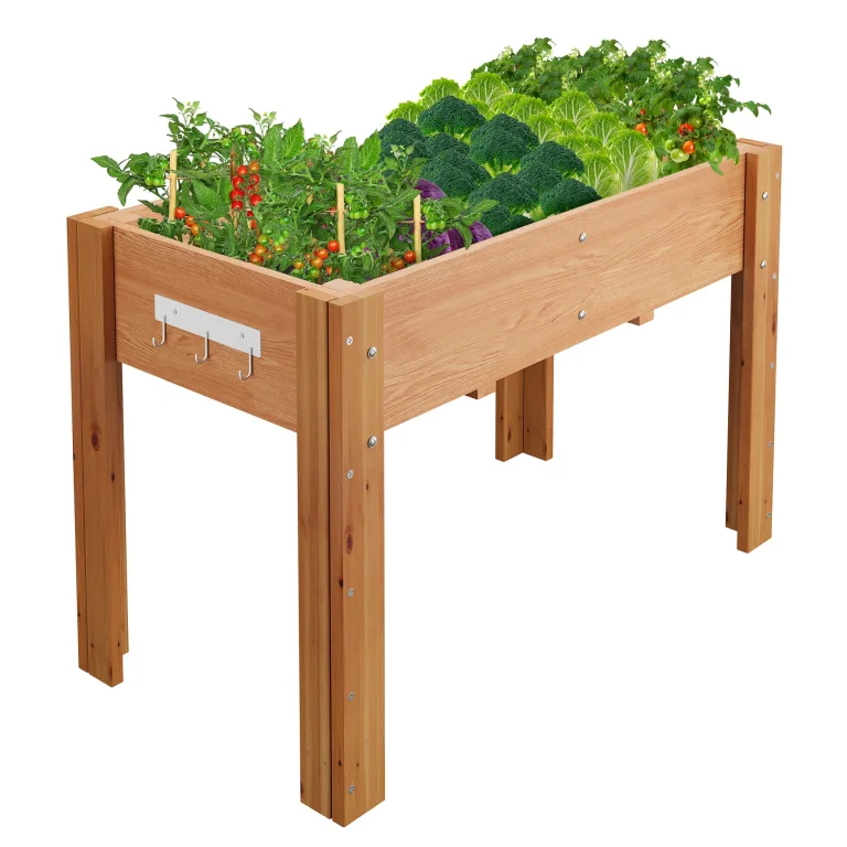 Garvee Hochbeet Holz, Blumenbett, Kräuterbeet, Frühbeet, mit Pflanzfolie, Abflusslöchern und seitlichen Haken, erhöhter Pflanzkasten-Ständer, für Garten, Terrasse, Balkon, Grau, 183×58×76 cm – Bild 8