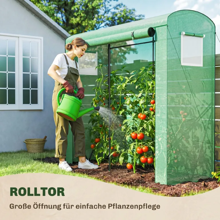 Outsunny Gewächshaus mit Netzfenstern und aufrollbarer Tür, Foliengewächshaus aus Stahl 200 x 75 x 188 cm, Tomatenhaus Tomatengewächshaus für Gemüse, Tomaten, Blumen, Pflanzen, Grün – Bild 5