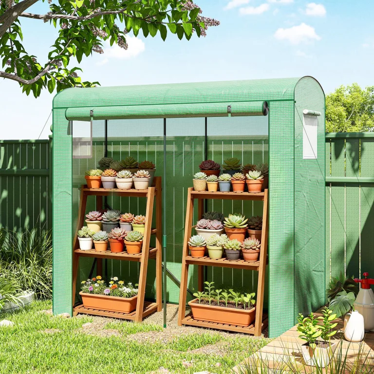 Outsunny Gewächshaus mit Netzfenstern und aufrollbarer Tür, Foliengewächshaus aus Stahl 200 x 75 x 188 cm, Tomatenhaus Tomatengewächshaus für Gemüse, Tomaten, Blumen, Pflanzen, Grün – Bild 9