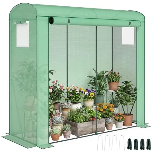 Outsunny Gewächshaus mit Netzfenstern und aufrollbarer Tür, Foliengewächshaus aus Stahl 200 x 75 x 188 cm, Tomatenhaus Tomatengewächshaus für Gemüse, Tomaten, Blumen, Pflanzen, Grün – Bild 10