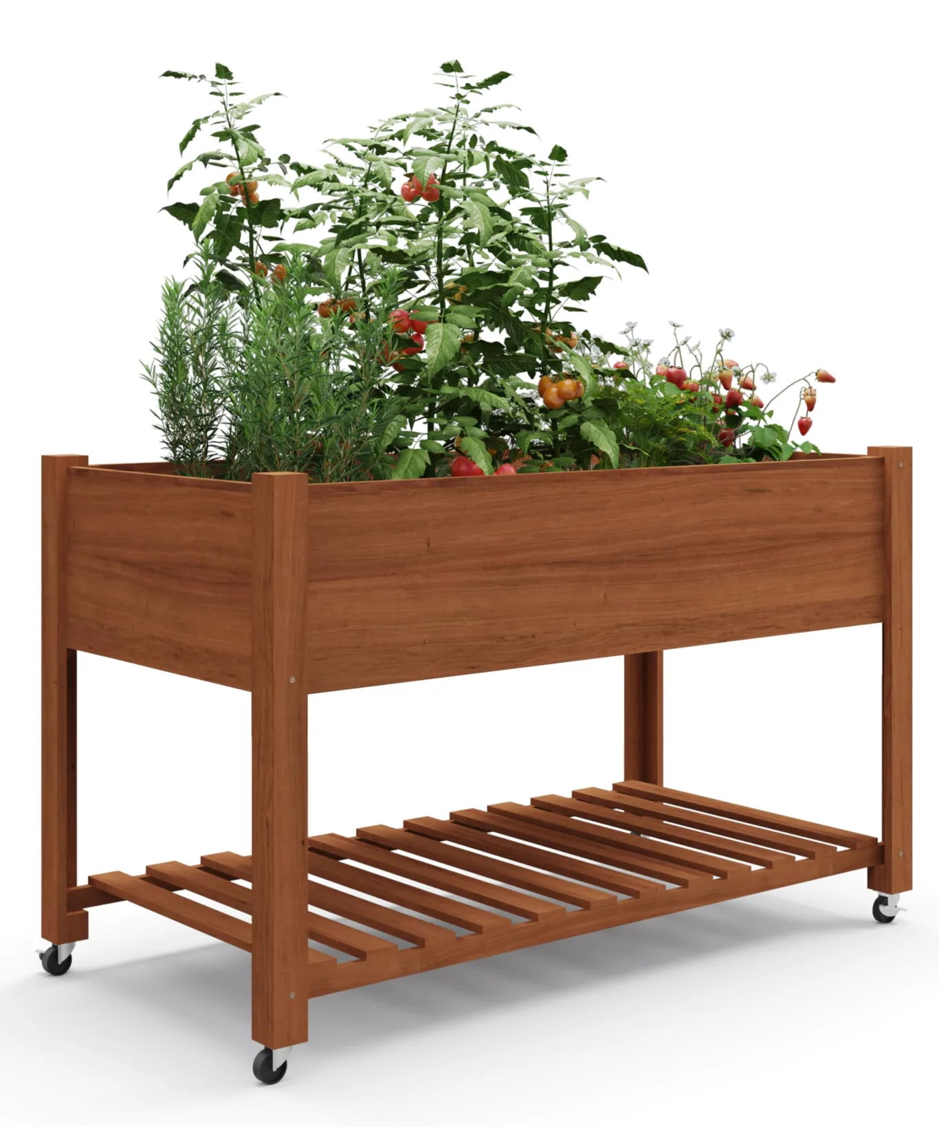 Garvee Hochbeet aus Holz, mit Rollen und Ablageboden, Pflanzkasten, Pflanztrog, Blumenkübel, Kräuterbeet, für Garten, Balkon und Terrasse, 122×61×76 cm, braun - Bild 1