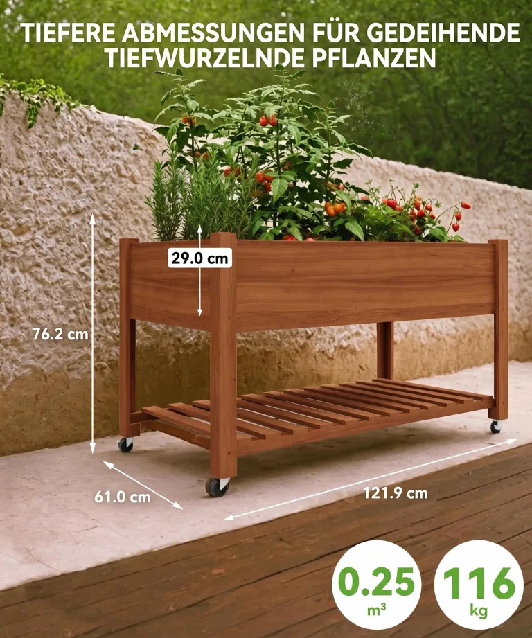 Garvee Hochbeet aus Holz, mit Rollen und Ablageboden, Pflanzkasten, Pflanztrog, Blumenkübel, Kräuterbeet, für Garten, Balkon und Terrasse, 122×61×76 cm, braun – Bild 2