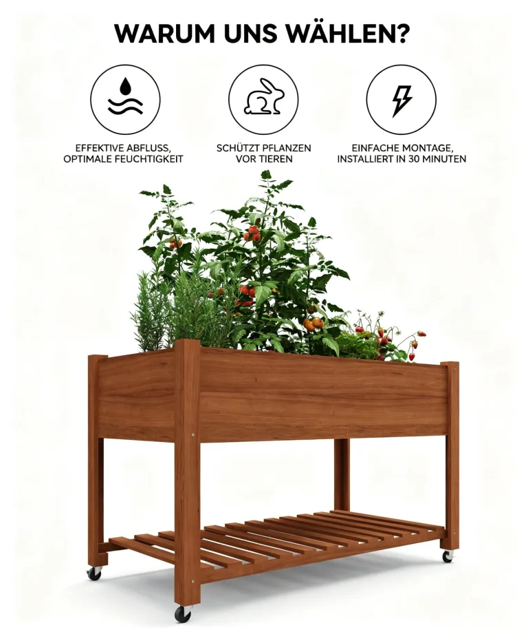 Garvee Hochbeet aus Holz, mit Rollen und Ablageboden, Pflanzkasten, Pflanztrog, Blumenkübel, Kräuterbeet, für Garten, Balkon und Terrasse, 122×61×76 cm, braun – Bild 5