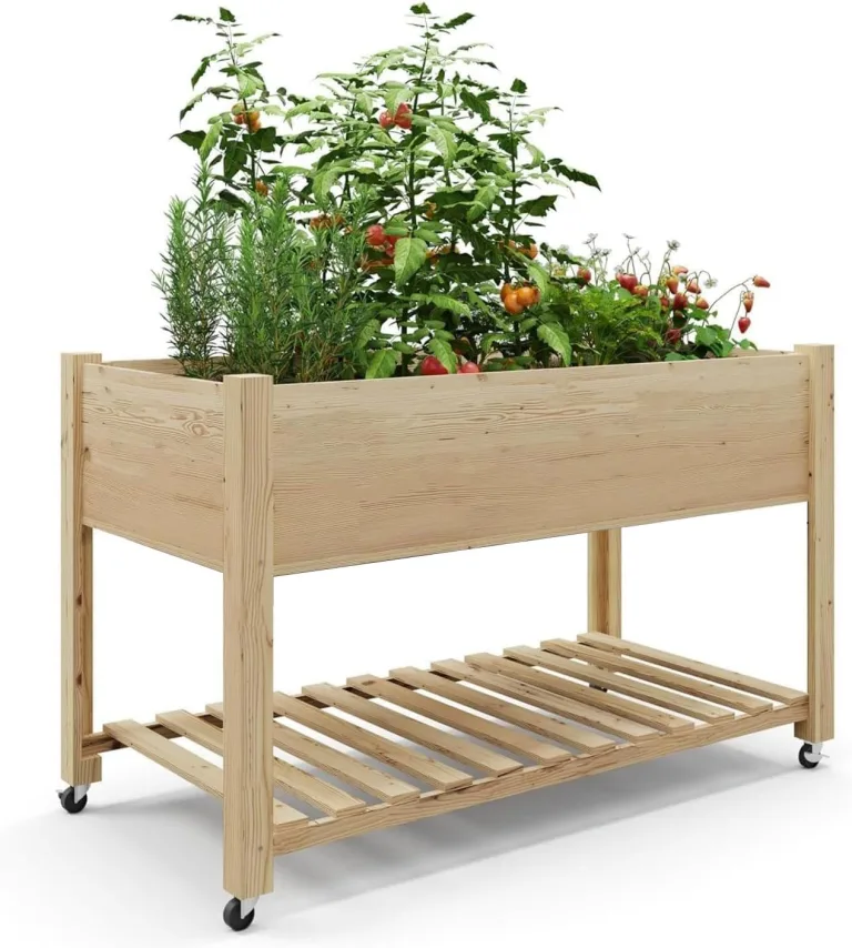 Garvee Hochbeet aus Holz, mit Rollen und Ablageboden, Pflanzkasten, Pflanztrog, Blumenkübel, Kräuterbeet, für Garten, Balkon und Terrasse, 122×61×76 cm, braun – Bild 10
