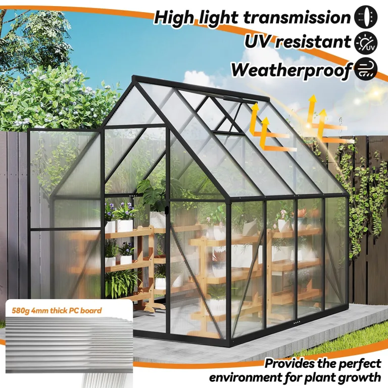 LZQ Gewächshaus Aluminium mit Fundament 230x180x195cm Gartengewächshaus Treibhaus 4mm PC-Hohlkammerplatten Tomatenhaus mit Schiebetür Dachfenster Pflanzenhaus Wetterfest für Aufzucht Gemüse, 6x8 ft – Bild 4