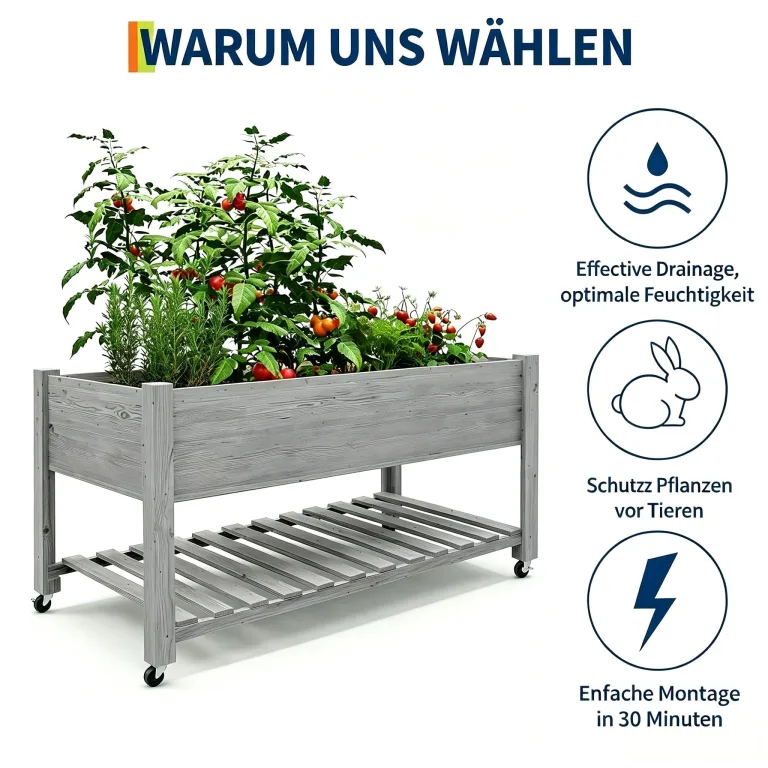 Garvee Hochbeet aus Holz, mit Rollen und Ablageboden, Pflanzkasten, Pflanztrog, Blumenkübel, Kräuterbeet, für Garten, Balkon und Terrasse, 122×61×76 cm, grau – Bild 3