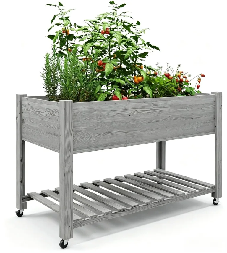 Garvee Hochbeet aus Holz, mit Rollen und Ablageboden, Pflanzkasten, Pflanztrog, Blumenkübel, Kräuterbeet, für Garten, Balkon und Terrasse, 122×61×76 cm, grau – Bild 1