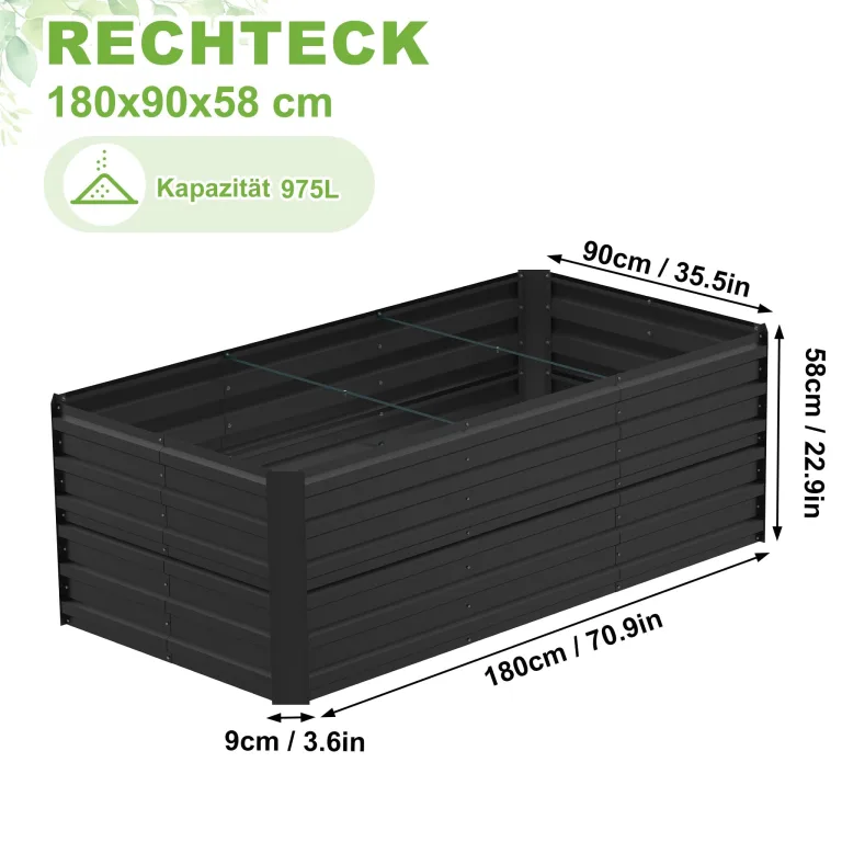 LZQ Hochbeet Metall 180x90x58cm M für Garten Verzinktes Gemüsebeet Pflanzkasten Pflanzenbeet Kräuterbeet aus Rostfreiem Stahl Frühbeet Hochbeete für Gemüse Blumen Kräuter, Rechteckigl Schwarz 975L – Bild 3