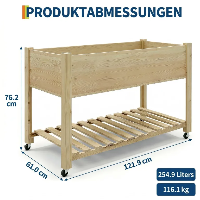 Garvee Hochbeet aus Holz, mit Rollen und Ablageboden, Pflanzkasten, Pflanztrog, Blumenkübel, Kräuterbeet, für Garten, Balkon und Terrasse, 122×61×76 cm, Natur – Bild 2