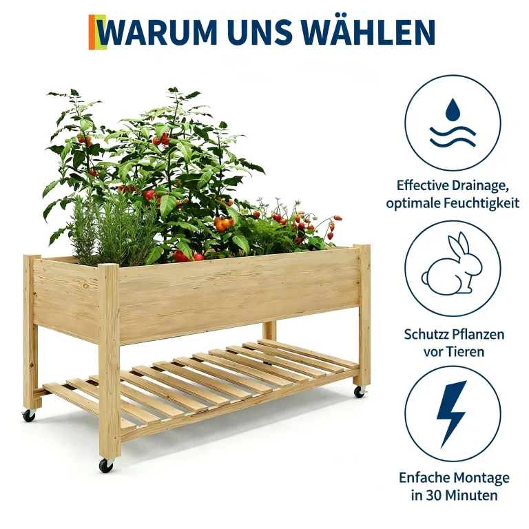 Garvee Hochbeet aus Holz, mit Rollen und Ablageboden, Pflanzkasten, Pflanztrog, Blumenkübel, Kräuterbeet, für Garten, Balkon und Terrasse, 122×61×76 cm, Natur – Bild 4