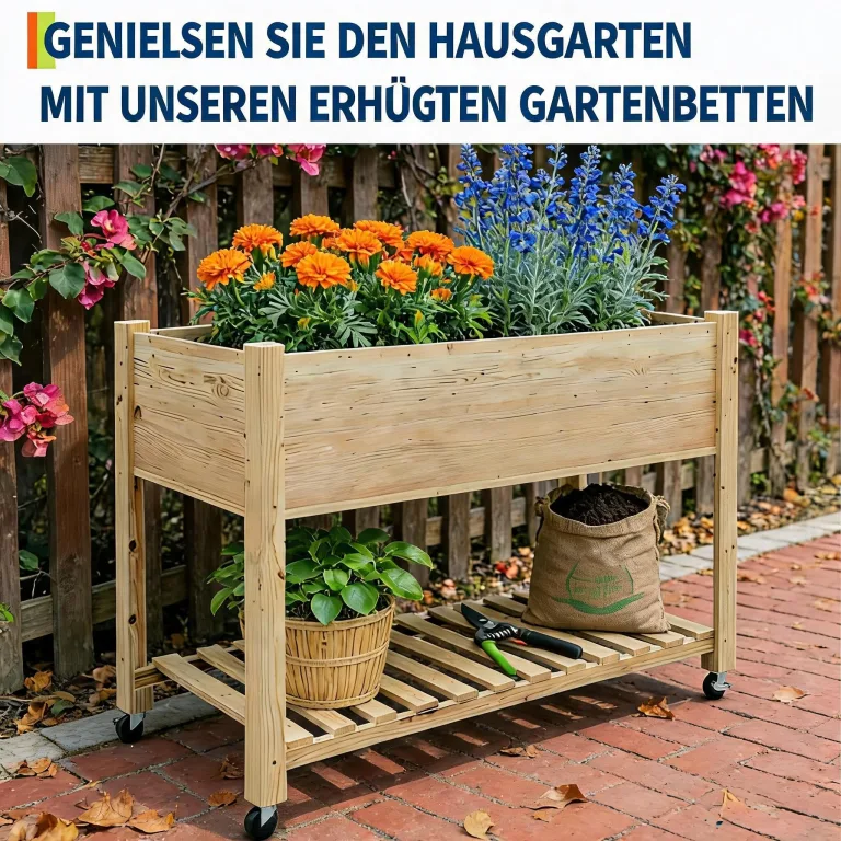 Garvee Hochbeet aus Holz, mit Rollen und Ablageboden, Pflanzkasten, Pflanztrog, Blumenkübel, Kräuterbeet, für Garten, Balkon und Terrasse, 122×61×76 cm, Natur – Bild 8