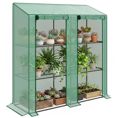 Outsunny Gewächshaus mit Regalen und Doppeltüren, winterfestes Foliengewächshaus aus Stahl mit Pultdach, Treibhaus für Tomaten, Gemüse, Blumen, 143 x 46 x 151cm, Tomatenhaus Grün – Bild 9