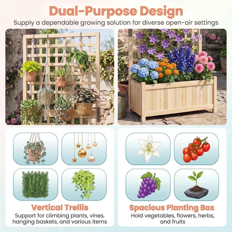 HOMASIS Blumenkasten mit Sichtschutz, Pflanzkübel mit Rankgitter, Pflanzkasten aus Holz, Hochbeet Pflanzgefäß Rankkasten Gartenspalier Rankhilfe für Balkon Garten Terrasse (Natur, 76x32x143cm) – Bild 4