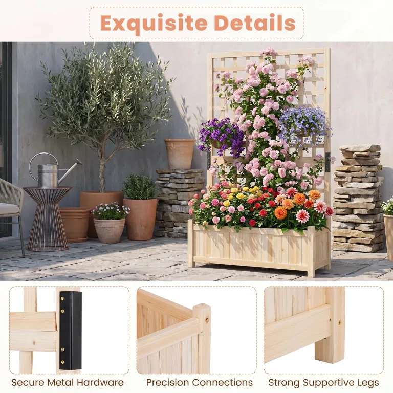 HOMASIS Blumenkasten mit Sichtschutz, Pflanzkübel mit Rankgitter, Pflanzkasten aus Holz, Hochbeet Pflanzgefäß Rankkasten Gartenspalier Rankhilfe für Balkon Garten Terrasse (Natur, 76x32x143cm) – Bild 9