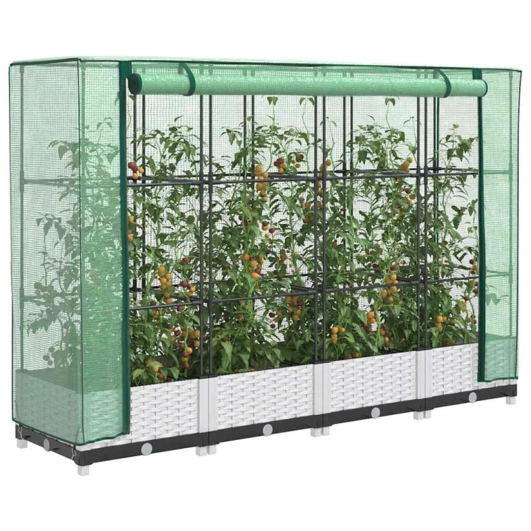 HUAKEHOM Hochbeet mit Gewächshaus-Aufsatz Pflanzbeet mit Eisenrohr-Rahmen Gemüsebeet für Garten Terrasse Balkon Pflanzkasten Frühbeet Rattan-Optik 80x40x123 cm – Bild 8