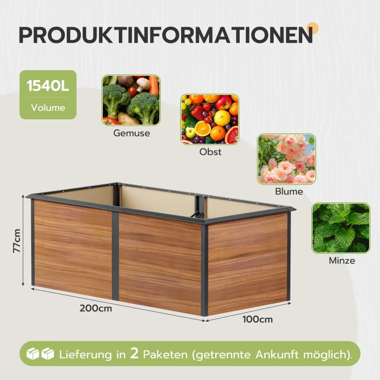 Amopatio Hochbeet Metall 200x100x77 cm Holzoptik, 1 mm Zink-Aluminium Pflanzbeet, 1540L Stabil Gemüsebeet, Wetterfest Gartenbeet Pflanzkasten Kräuterbeet für Outdoor & Balkon, Braun – Bild 3