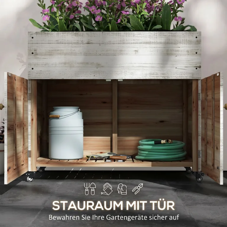 Outsunny Hochbeet aus Holz mit Schrankfach, Kräuterbeet mit Rollen, Pflanzkasten und Blumenkasten mit Vliesstoff für Balkon, Garten, 110 x 50 x 95 cm, Weiß – Bild 4