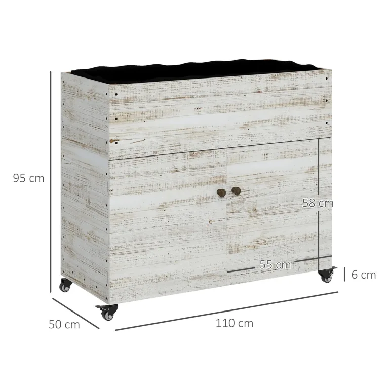 Outsunny Hochbeet aus Holz mit Schrankfach, Kräuterbeet mit Rollen, Pflanzkasten und Blumenkasten mit Vliesstoff für Balkon, Garten, 110 x 50 x 95 cm, Weiß – Bild 7