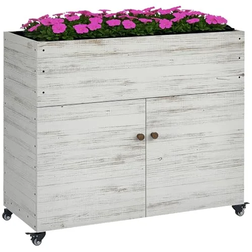 Outsunny Hochbeet aus Holz mit Schrankfach, Kräuterbeet mit Rollen, Pflanzkasten und Blumenkasten mit Vliesstoff für Balkon, Garten, 110 x 50 x 95 cm, Weiß – Bild 10