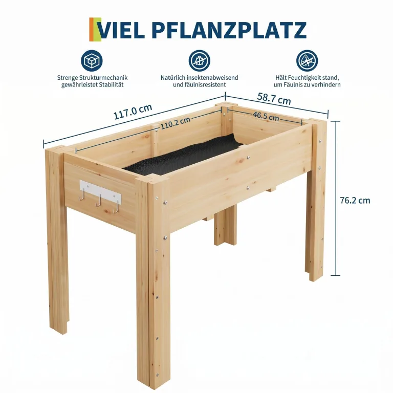 Garvee Hochbeet Holz, Blumenbett, Kräuterbeet, Frühbeet, mit Pflanzfolie, Drainagelöchern & Seitenhaken, erhöhter Pflanzkasten, für Garten, Terrasse, Balkon, Naturfarbe, 117×59×76 cm – Bild 2