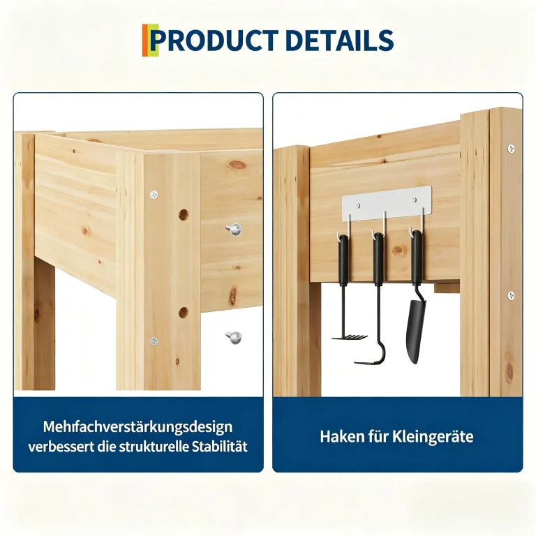 Garvee Hochbeet Holz, Blumenbett, Kräuterbeet, Frühbeet, mit Pflanzfolie, Drainagelöchern & Seitenhaken, erhöhter Pflanzkasten, für Garten, Terrasse, Balkon, Naturfarbe, 117×59×76 cm – Bild 3