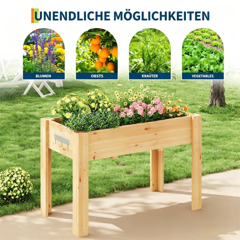 Garvee Hochbeet Holz, Blumenbett, Kräuterbeet, Frühbeet, mit Pflanzfolie, Drainagelöchern & Seitenhaken, erhöhter Pflanzkasten, für Garten, Terrasse, Balkon, Naturfarbe, 117×59×76 cm – Bild 6