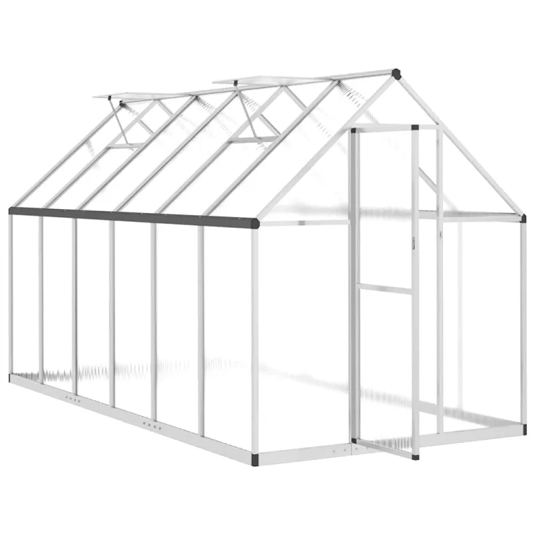 Aluminium Gewächshaus mit Polycarbonatplatten und Fundamentrahmen Silber 334x169x195cm, begehbare Anbaufläche mit Flügeltür und 5-Fach verstellbarem Lüftungsfenster – Bild 6