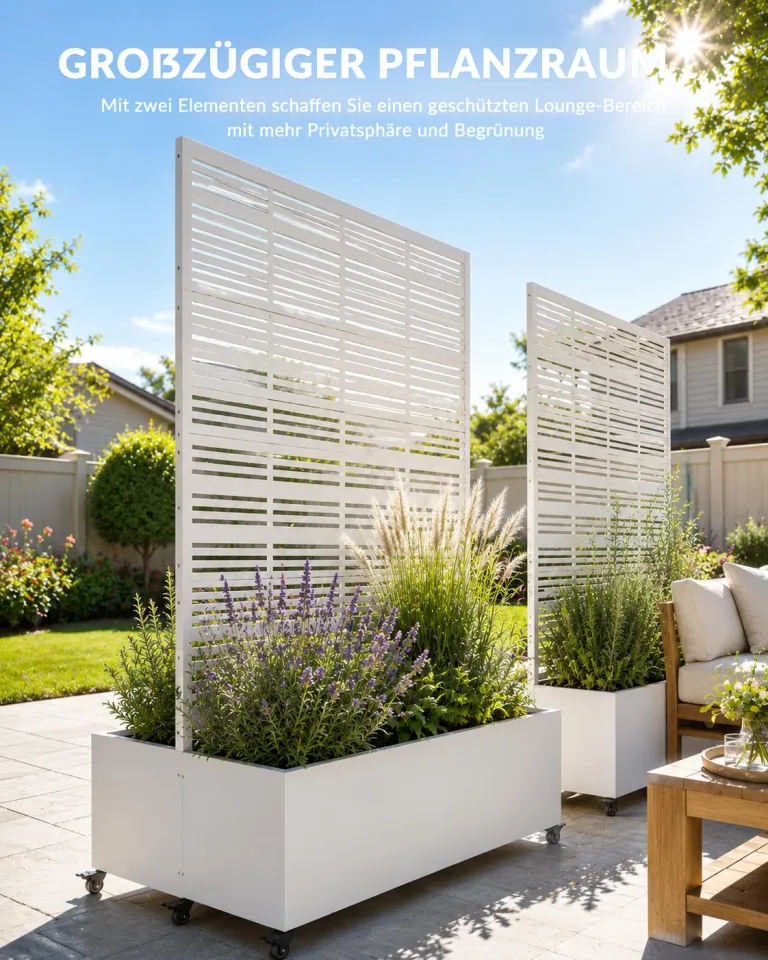Hochbeet mit Sichtschutz, Metall Pflanzkasten mit Rankgitter und Rollen, freistehender Pflanzkübel 33cm tief, wetterfest für Blumen und Kletterpflanzen - Ideal für Garten, Balkon und Terrasse – Bild 2